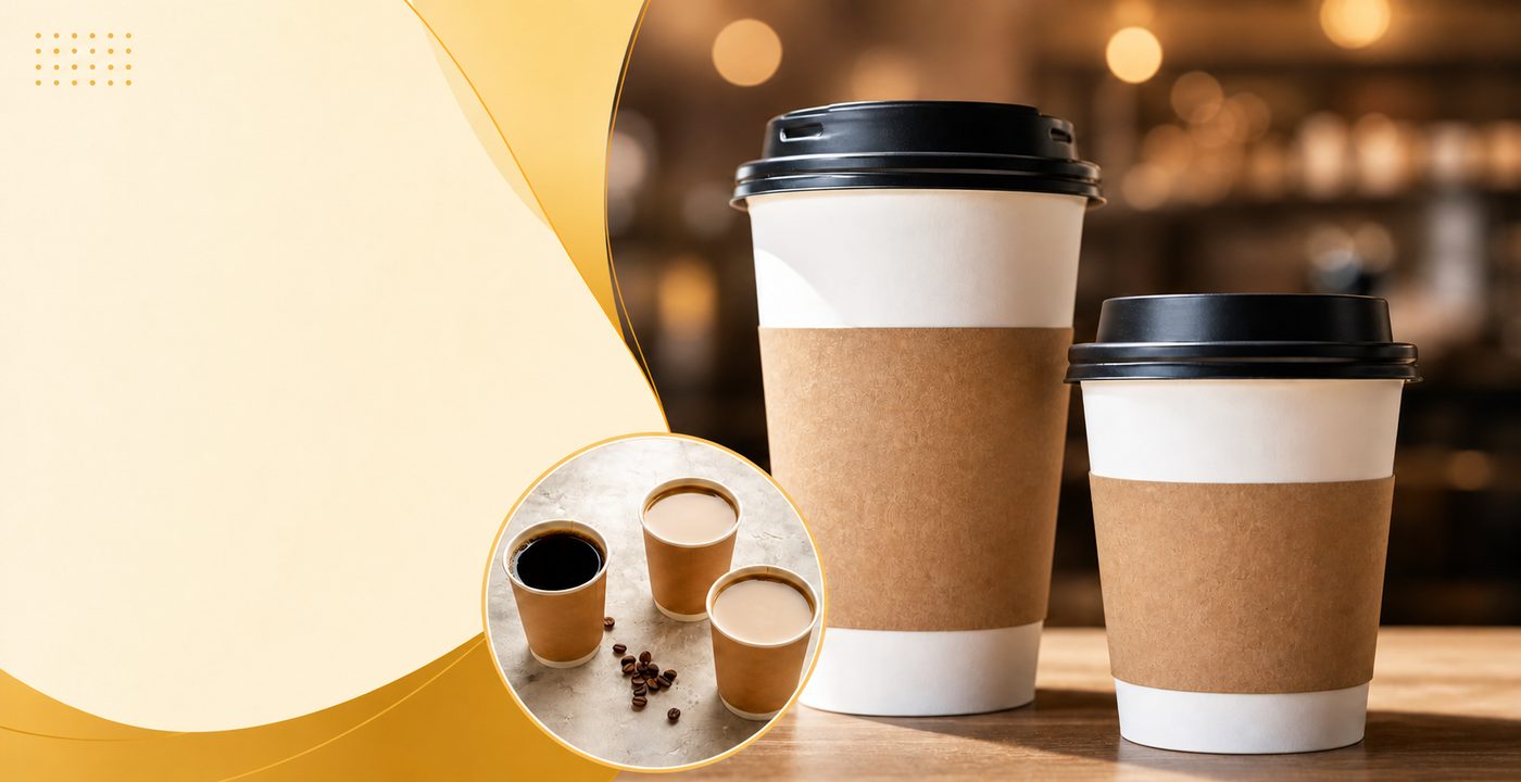 Kraft and white double-wall hot paper cups with black lids