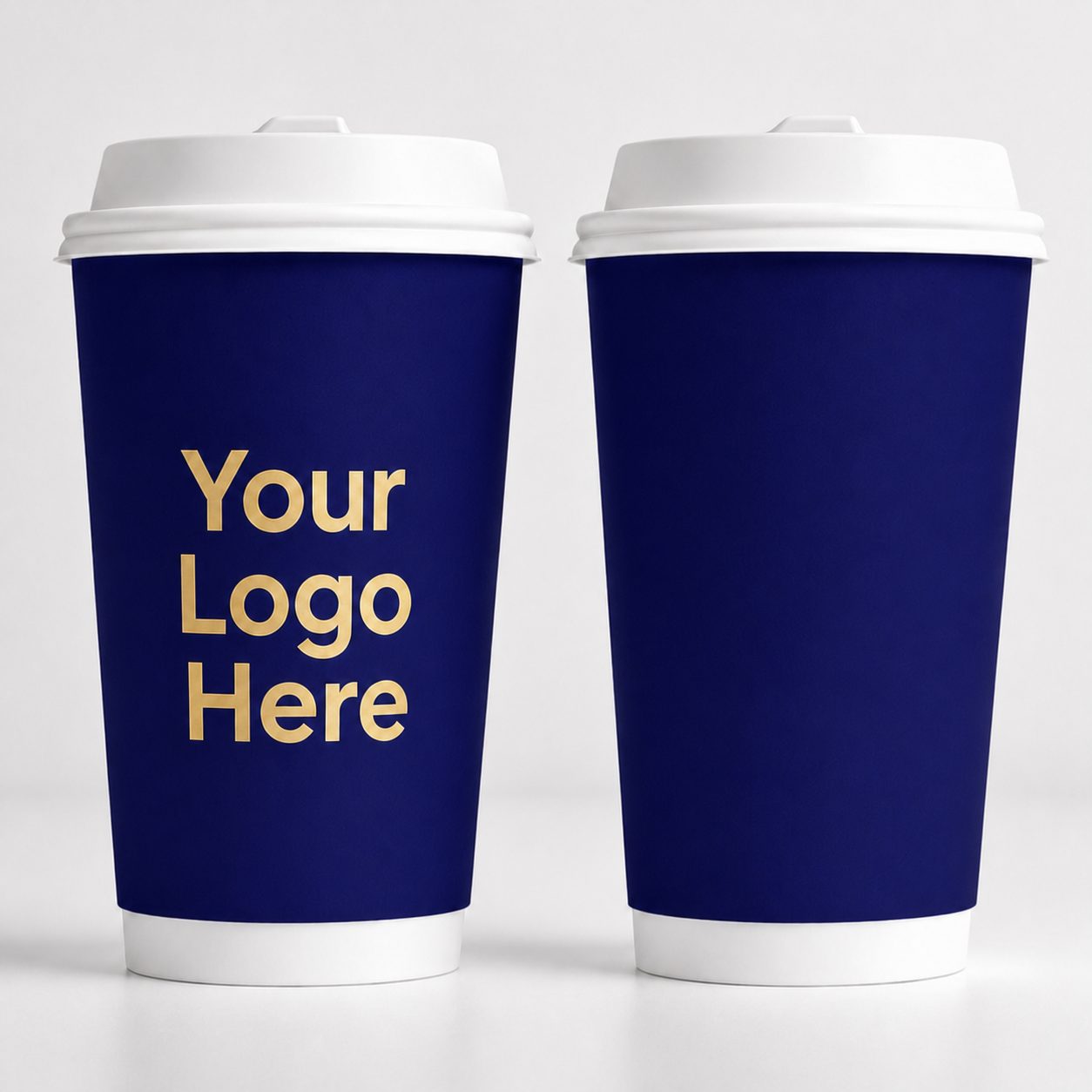 Navy blue hot cups with gold custom logo printing