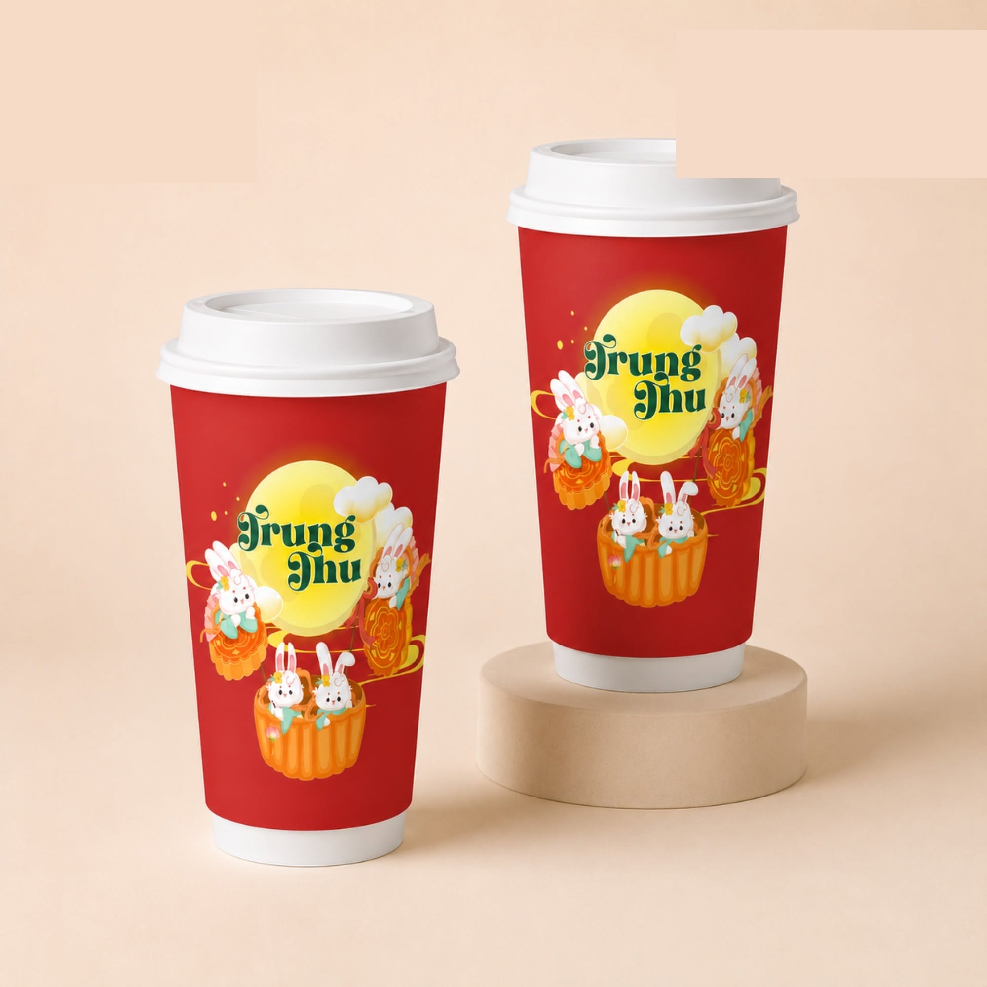 Custom-printed double-wall paper cups with a seasonal Mid-Autumn Festival design